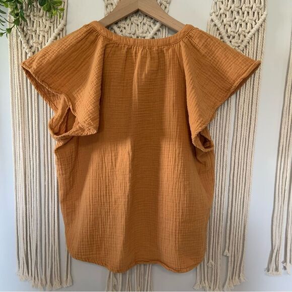 UNIVERSAL THREAD Gauzy Flutter Sleeve 100% Cotton V Neck Top Gold Orange XS - Picture 2 of 7